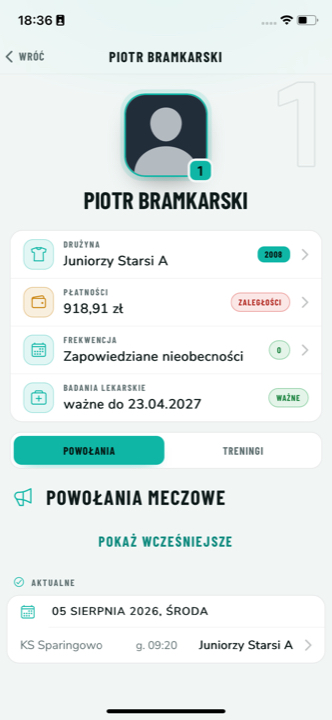 Płatności i frekwencja — ekran aplikacji Trampkarz