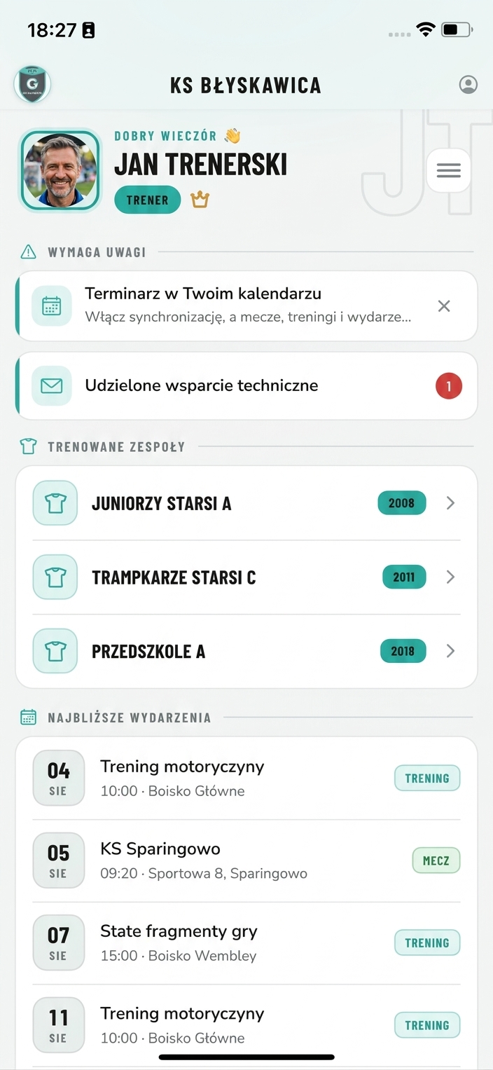 Panel trenera w aplikacji Trampkarz — zespoły, wydarzenia i frekwencja