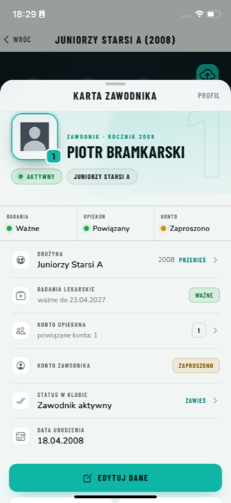 Karta zawodnika — ekran aplikacji Trampkarz